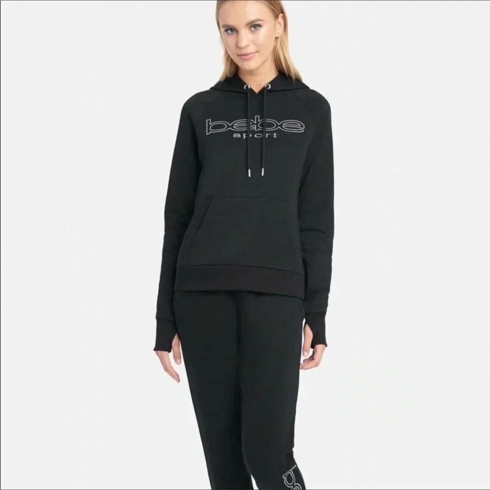 NWT bebe Sport Black Embroidered Logo Pullover Drawstring Hoodie Size Medium